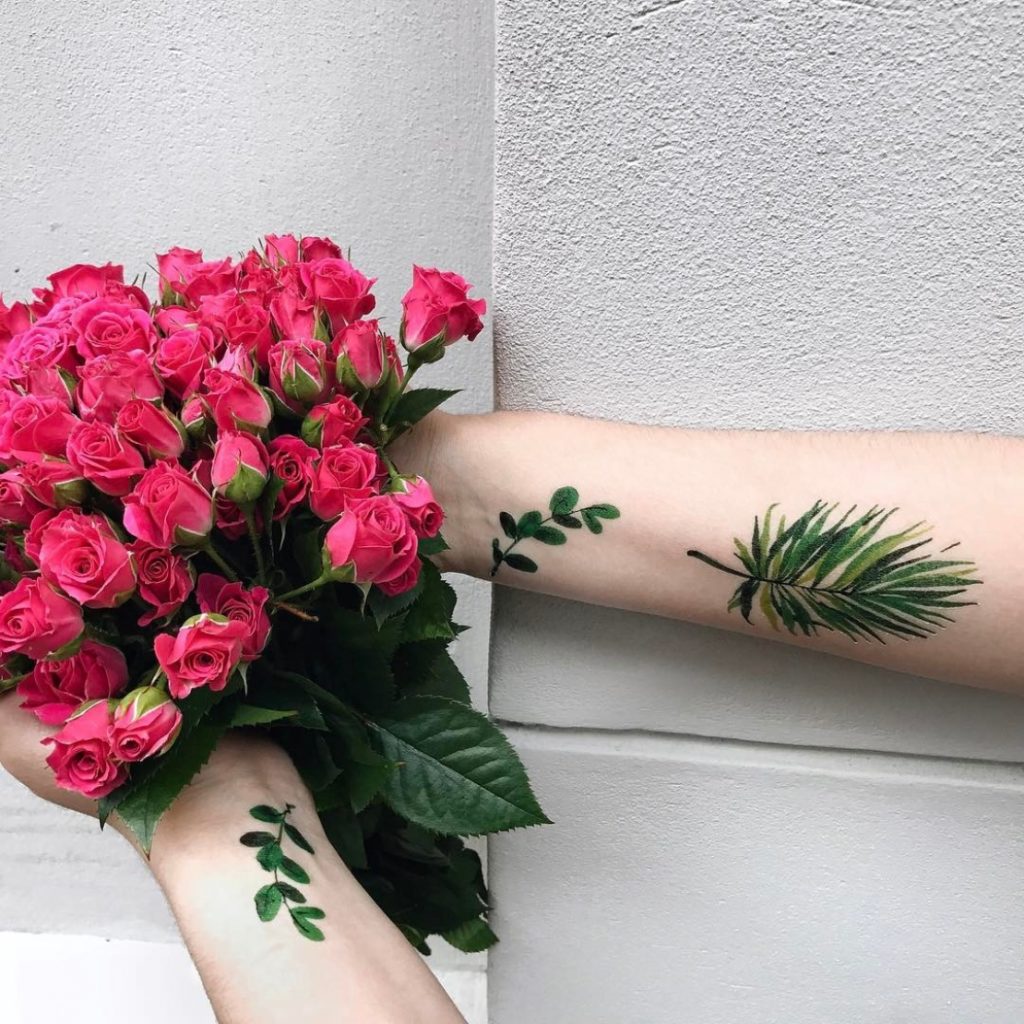 Временная тату набор Зеленого Листья на руке с цветами
